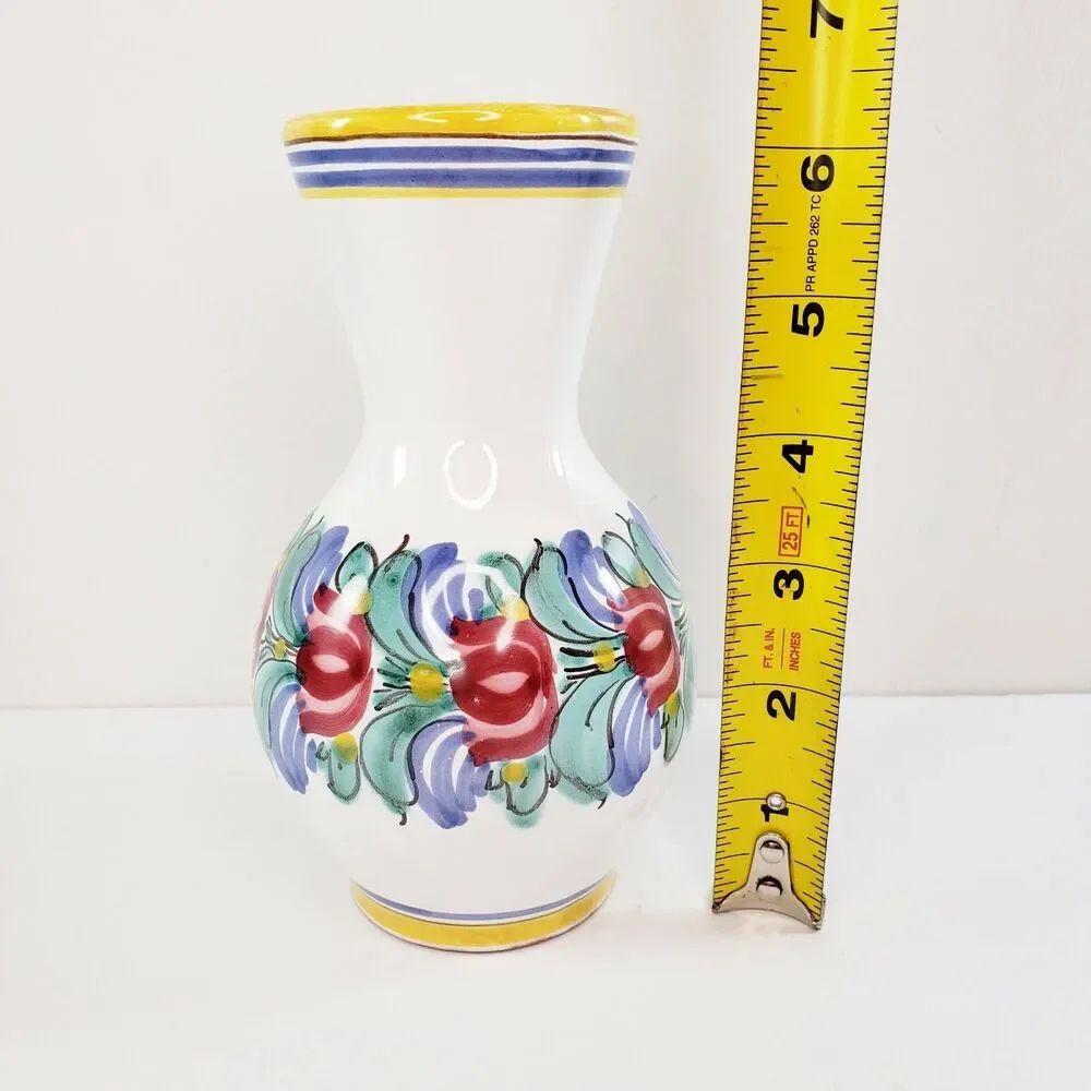 Italian Pottery Floral Vase Pink Flowers Yellow Blue Stripes Tuscan Old World